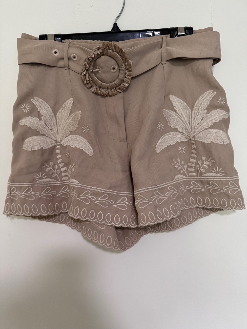 Lulumari Taupe Embroidered Palm-Print High-Waist Shorts with Woven Buckle